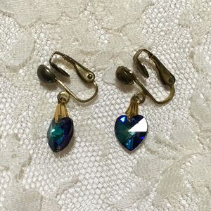 Vintage Aurora Borealis Glass Heart Earrings Blue Green Dangle Fairy Victorian